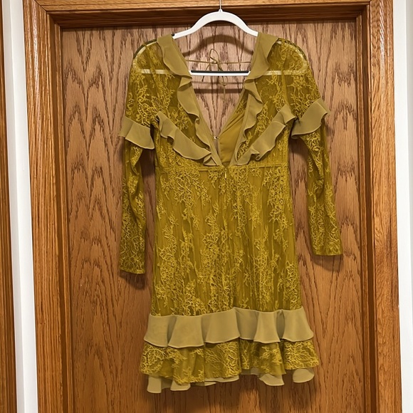 For Love & Lemons Daphne Mini Lace Long Sleeve Ruffled Dress, Chartreuse M - Picture 8 of 10